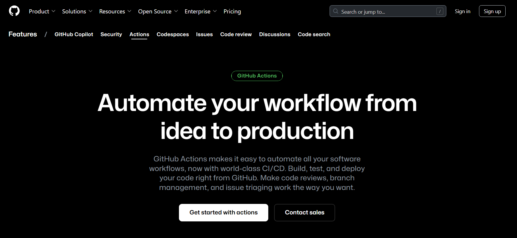 github actions homepage